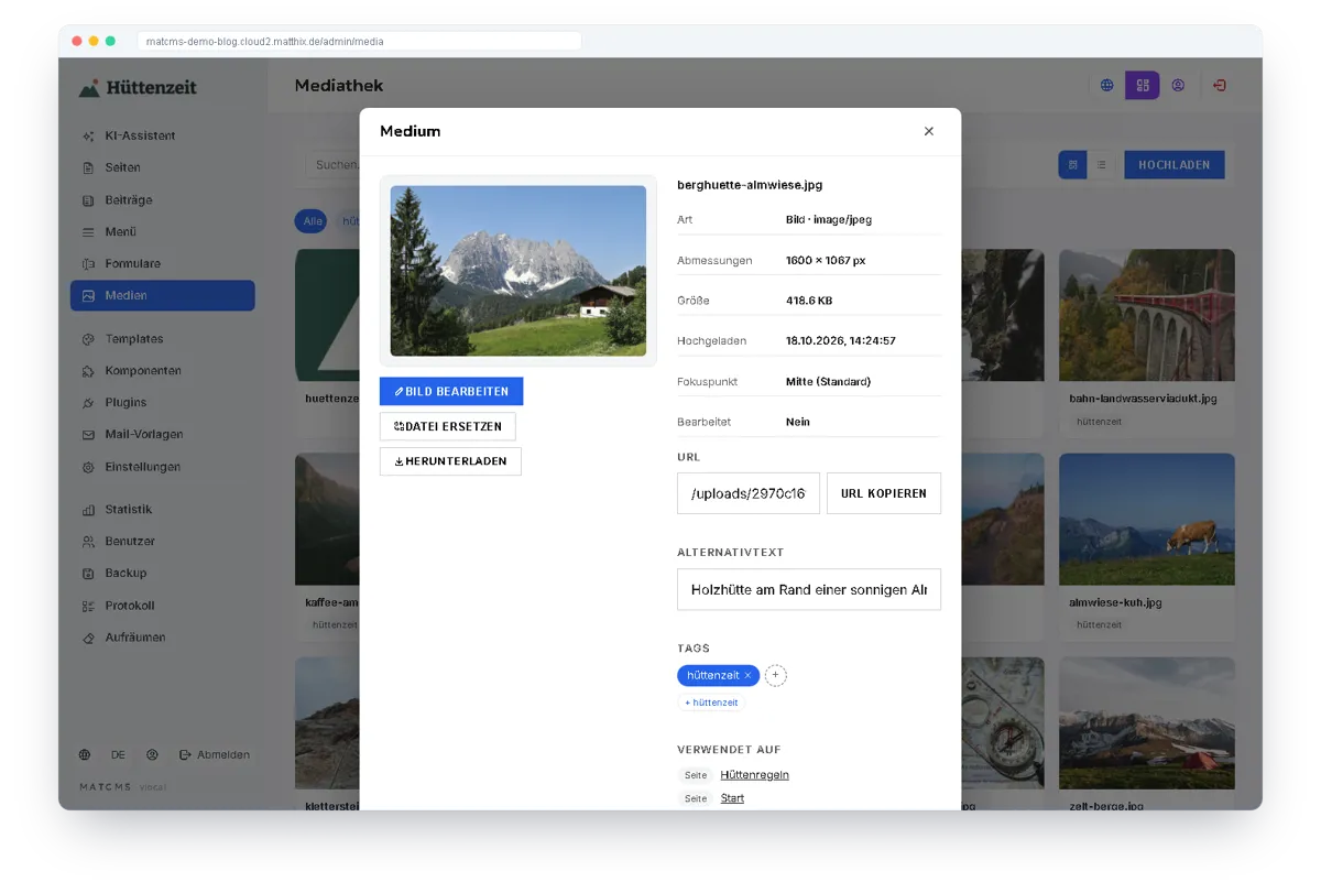 Info-Dialog der Mediathek mit Vorschau, Abmessungen, Größe, Fokuspunkt, Alternativtext, Schlagwörtern und den Seiten, auf denen das Bild verwendet wird