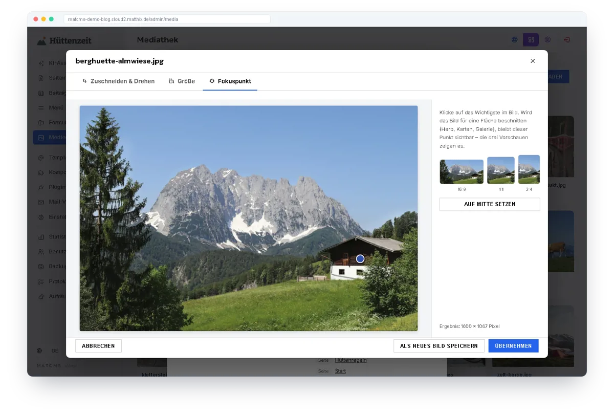 Fokuspunkt im Bild-Editor: ein Klick auf die Hütte, daneben die Vorschauen für 16:9, 1:1 und 3:4